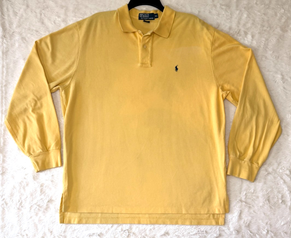 Polo Ralph Lauren Mens XL Yellow Long Sleeve Pique Polo Shirt Blue Pony Cotton